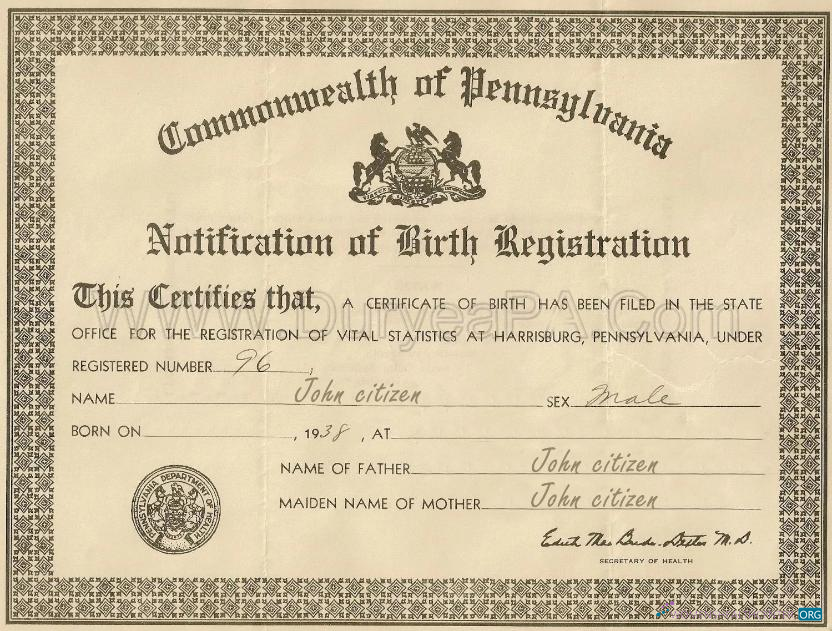 Download United States Commonwealth of Pennsylvania certificate of birth registration Photoshop template